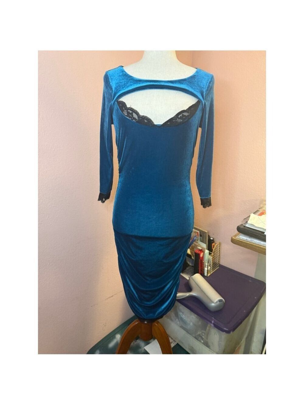 Frederick's of Hollywood teal velvet vintage dress black lace sz medium USA